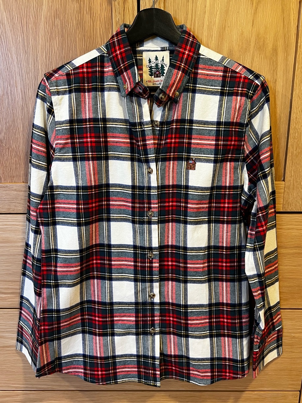 Kiel James Patrick Classic Plaid Flannel Shirt Red Embroidered Cabin Size Small